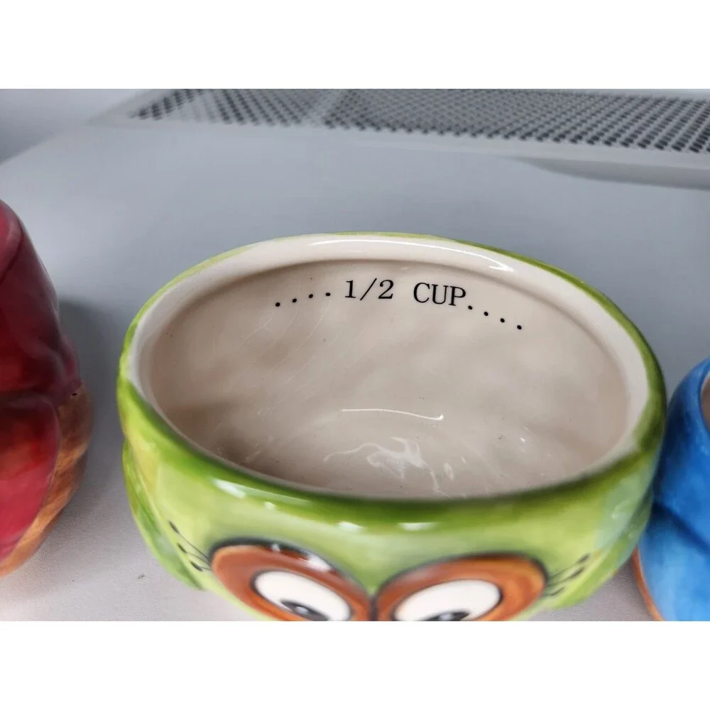 Set Of 3 Laurie Furnell Painted Ceramic Owl Bird Measuring Cups Nesting Colorful